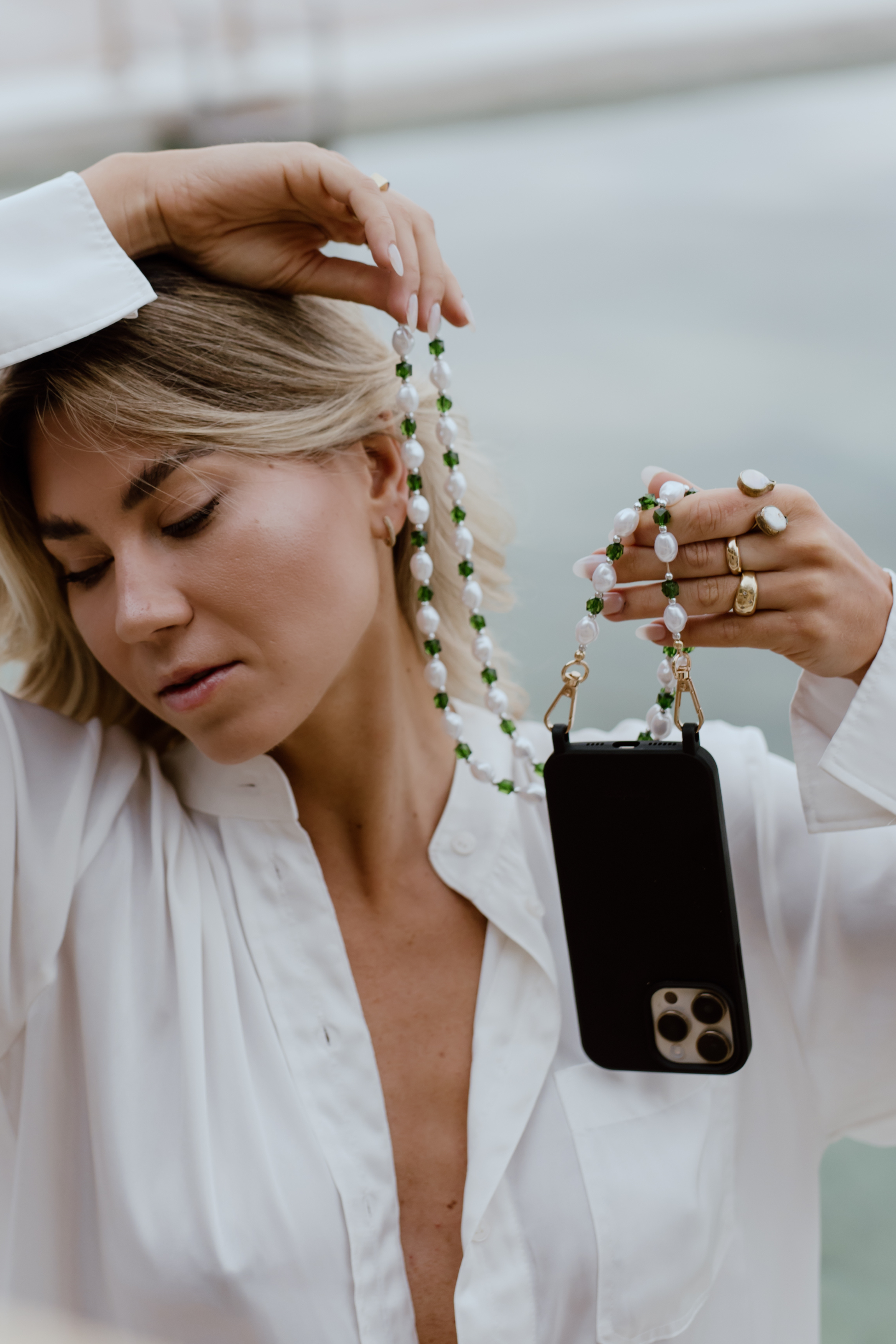Pearl + Green Acrylic Crystal Crossbody Phone Chain