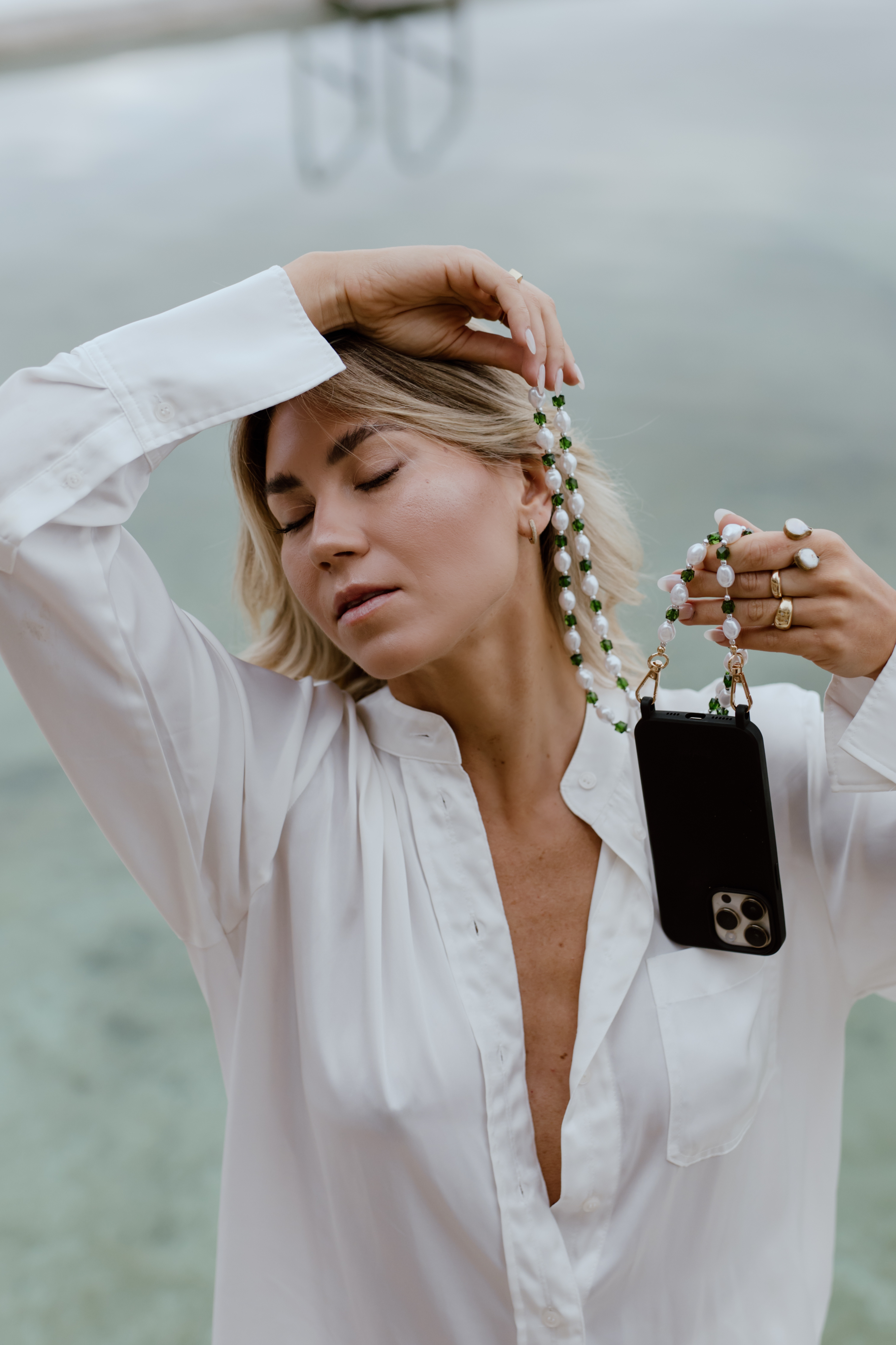 Pearl + Green Acrylic Crystal Crossbody Phone Chain