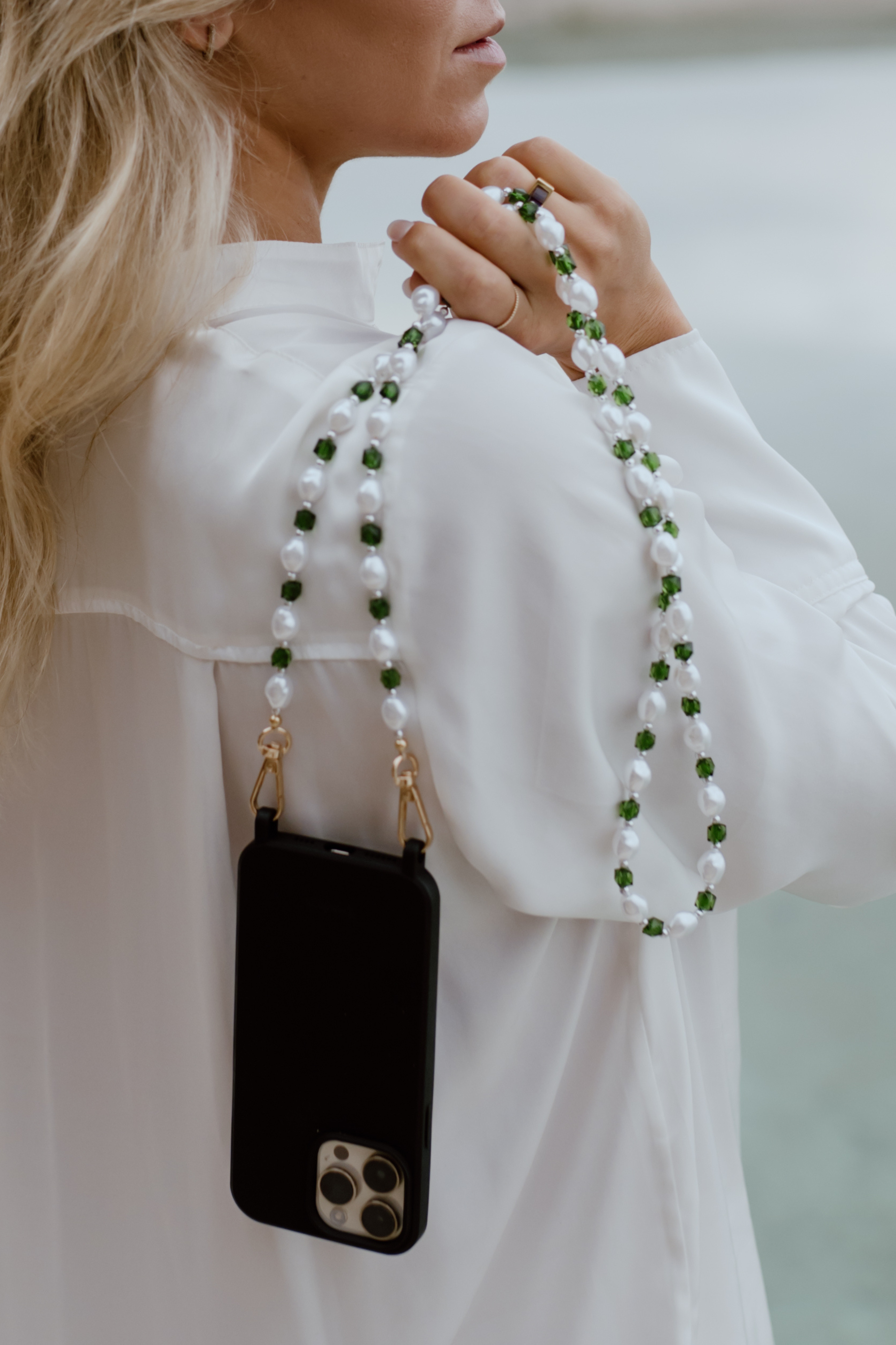 Pearl + Green Acrylic Crystal Crossbody Phone Chain