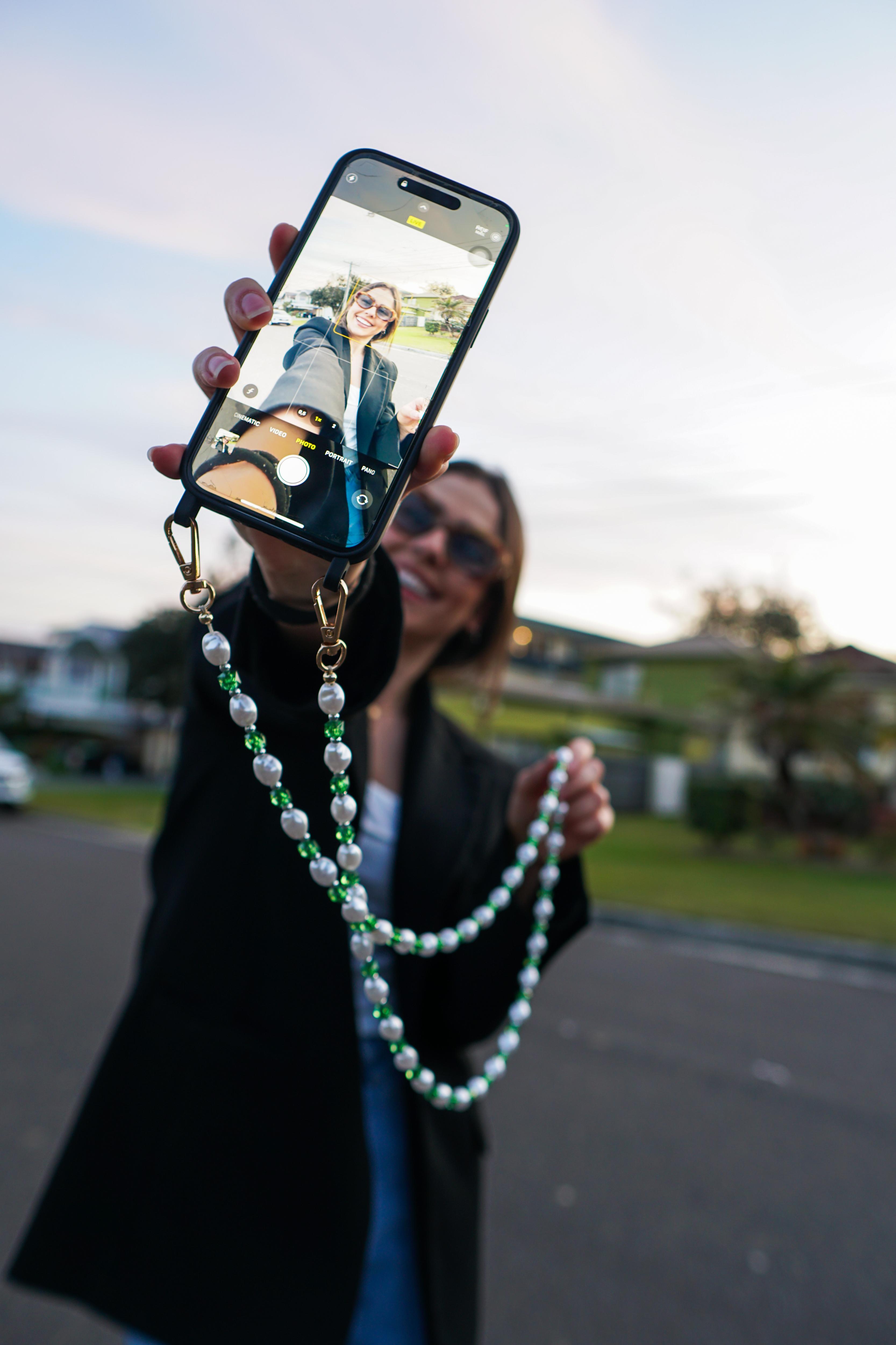 Pearl + Green Acrylic Crystal Crossbody Phone Chain